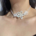 Light Luxury Faux Pearl Braided Chiffon Flower Necklace For Women Crystal Floral Collarbone Choker view 3