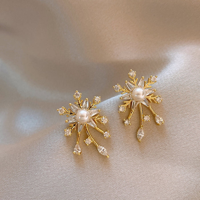 Light Luxury Floral Zircon Faux Pearl Stud Earrings For Women Elegant Silver Needle Jewelry