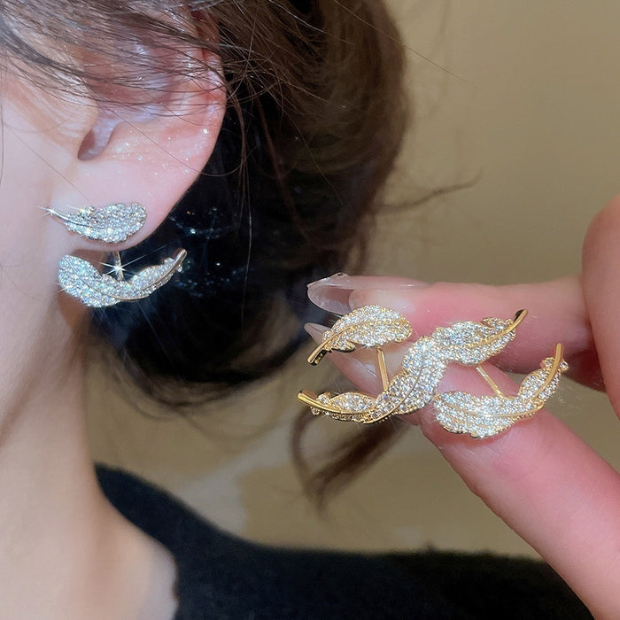 Gold Plated Copper Leaf Earrings With Silver Pins And Zircon Accents, Light Luxury Womens Jewelry