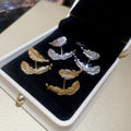 Gold Plated Copper Leaf Earrings With Silver Pins And Zircon Accents, Light Luxury Womens Jewelry view 2