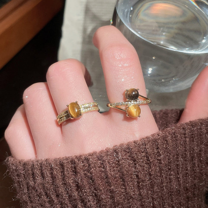 Gold Plated Zircon Tiger Eye Open Ring For Women – Gold