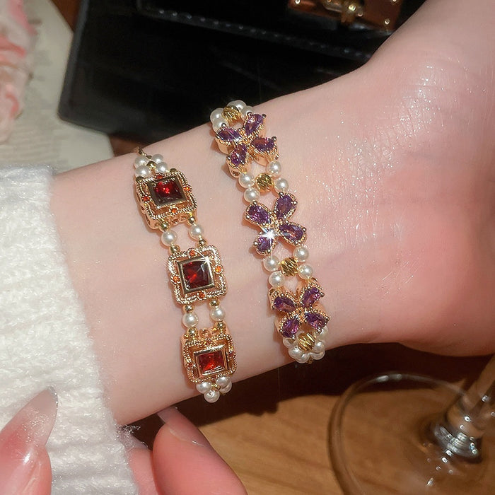 French Vintage Copper Bangle With Zircon Square Flower And Pearl Palace Style Design