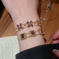 French Vintage Copper Bangle With Zircon Square Flower And Pearl Palace Style Design view 3