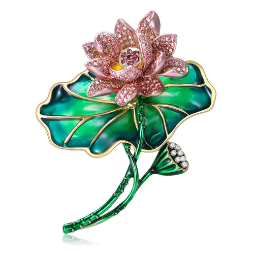 Alloy Enamel Pearl Lotus Brooch For Coats And Suits