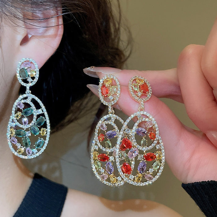 Copper Zircon Hollow Oval Stud Earrings With Silver Posts Vintage Court Style Jewelry For Women