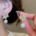 Light Luxury Floral Faux Pearl Zircon Stud Earrings With Enamel Flower Design For Women view 4