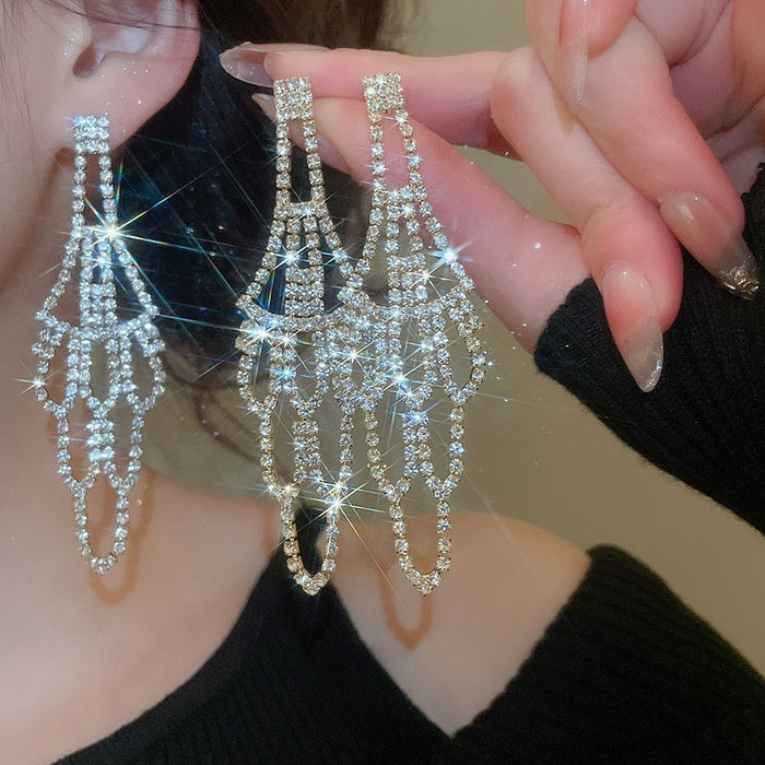 Copper Rhinestone Hollow Round Tassel Drop Earrings, European Minimalist Geometric Style