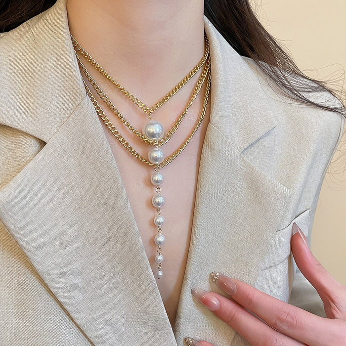 Old Money Style Multi Layer Faux Pearl Necklace Round Geometric Light Luxury Collarbone Choker
