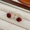 Gold Plated Silver Pin Zircon Triangle Stud Earrings Red Resin Vintage Geometric Jewelry view 4
