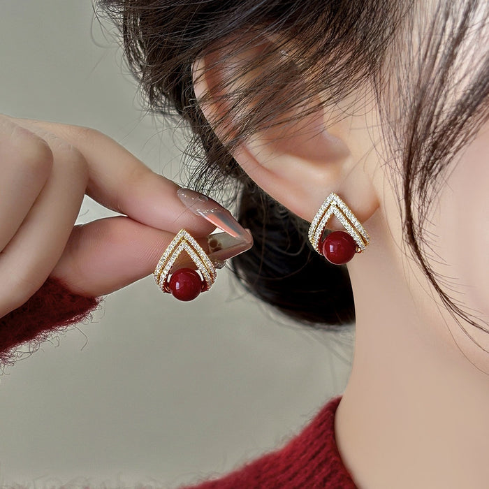Gold Plated Silver Pin Zircon Triangle Stud Earrings Red Resin Vintage Geometric Jewelry
