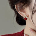 Gold Plated Silver Pin Zircon Triangle Stud Earrings Red Resin Vintage Geometric Jewelry view 3