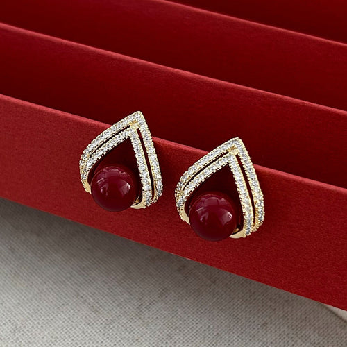 Gold Plated Silver Pin Zircon Triangle Stud Earrings Red Resin Vintage Geometric Jewelry