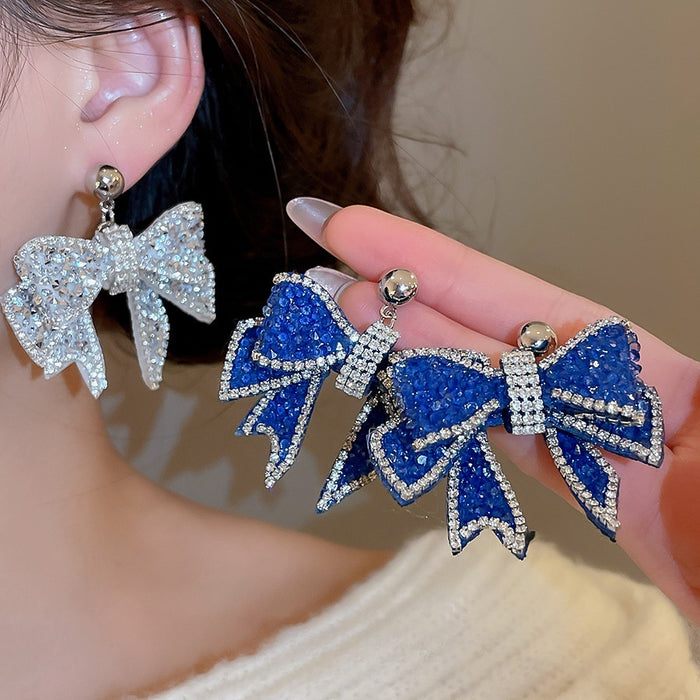 Alloy Silver Needle Rhinestone Bow Tassel Drop Earrings French Vintage Luxury Style