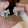 Alloy Silver Needle Rhinestone Bow Tassel Drop Earrings French Vintage Luxury Style view 3