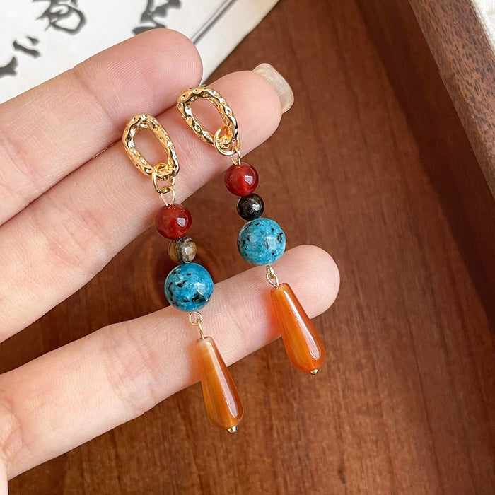 Ethnic Vintage Stone Teardrop Tassel Drop Earrings With Silver Needle Elegant Light Luxury Ear Jewelry
