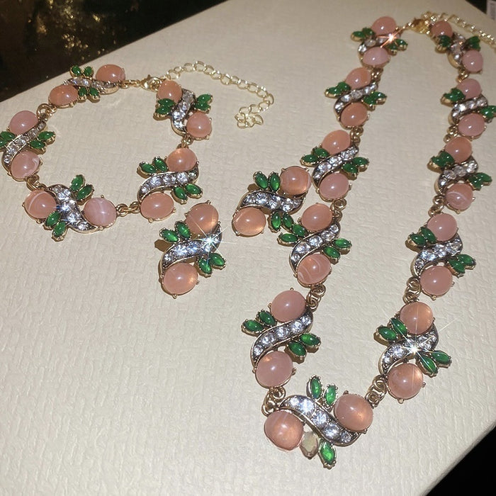 Vintage Style Rhinestone Resin Oval Necklace Bracelet Earrings Jewelry Set Elegant Light Luxury