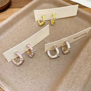 Light Luxury Alloy Bamboo C Shape Enamel Rhinestone Stud Earrings For Women