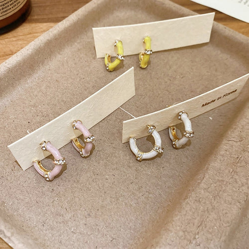 Light Luxury Alloy Bamboo C Shape Enamel Rhinestone Stud Earrings For Women