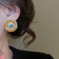 Vintage Copper Round Zircon Flower Texture Stud Earrings For Women Light Luxury Geometric Jewelry view 4