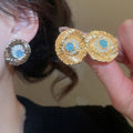 Vintage Copper Round Zircon Flower Texture Stud Earrings For Women Light Luxury Geometric Jewelry view 2
