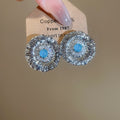 Vintage Copper Round Zircon Flower Texture Stud Earrings For Women Light Luxury Geometric Jewelry view 3