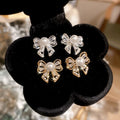 French Vintage Bow Faux Pearl Zircon Stud Earrings For Women Elegant Chic Jewelry view 1