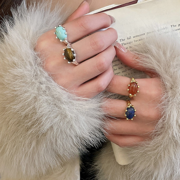 Gold Plated Stone Oval Open Ring, Light Luxury Geometric Designer Index Finger Jewelry