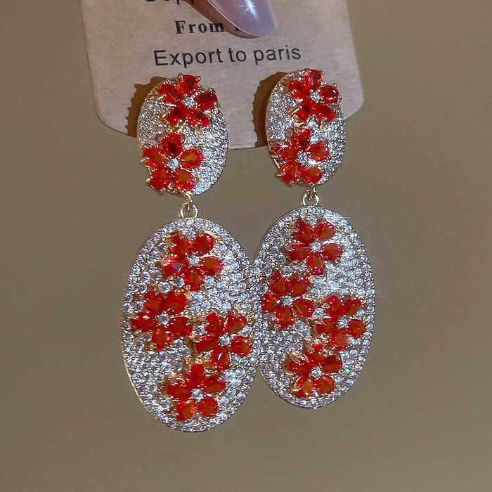 Copper Oval Flower Zircon Stud Earrings Vintage Light Luxury Geometric Design