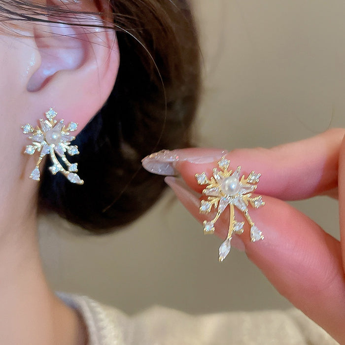 French Vintage Copper Zircon Pearl Flower Stud Earrings Light Luxury Elegant Floral Jewelry