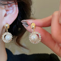 18K Gold Plated Silver Pin Faux Pearl Round Pendant Drop Earrings Vintage Court Style view 3