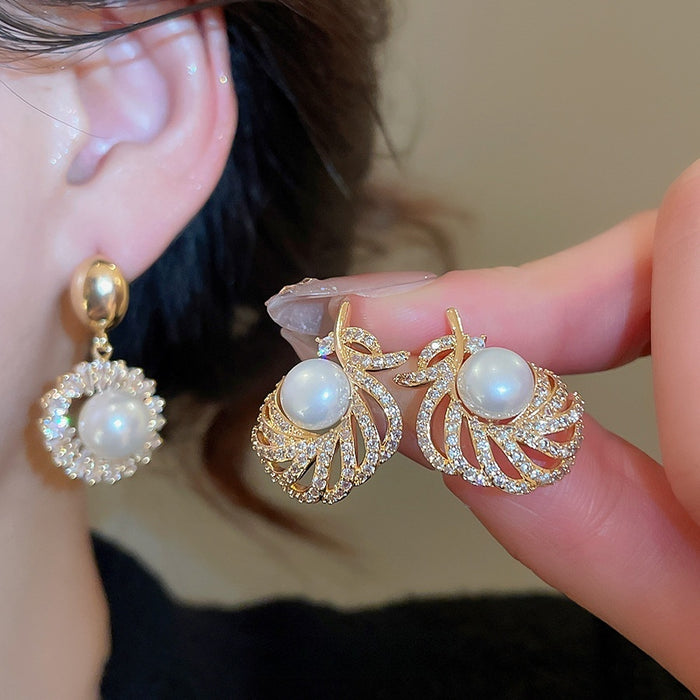 18K Gold Plated Silver Pin Faux Pearl Round Pendant Drop Earrings Vintage Court Style