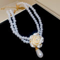 Elegant French Flower Faux Pearl Rhinestone Earrings Necklace Brooch Jewelry Set For Women view 4