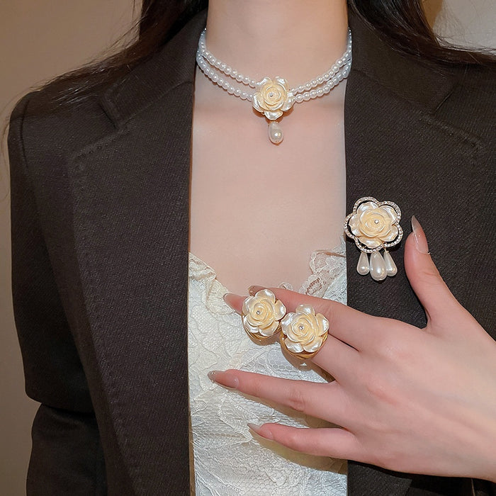 Elegant French Flower Faux Pearl Rhinestone Earrings Necklace Brooch Jewelry Set For Women