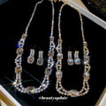 Copper Rhinestone Square Pendant Necklace Earrings Jewelry Set French Vintage Luxury Style view 1