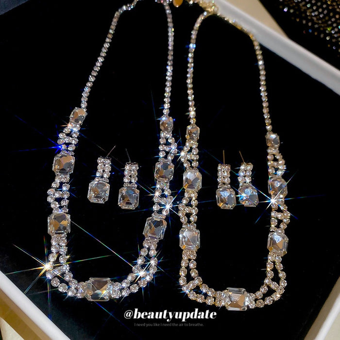 Copper Rhinestone Square Pendant Necklace Earrings Jewelry Set French Vintage Luxury Style