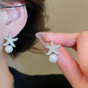 Light Luxury Star Zircon Faux Pearl Stud Earrings For Women Elegant Fashion Jewelry