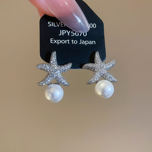 Light Luxury Star Zircon Faux Pearl Stud Earrings For Women Elegant Fashion Jewelry
