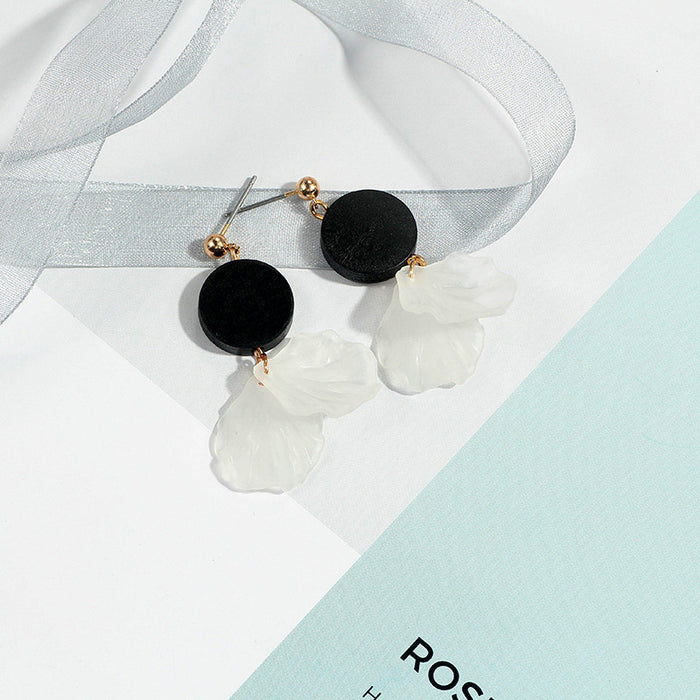 Black Wood Look Round Top White Petal Drop Stud Earrings