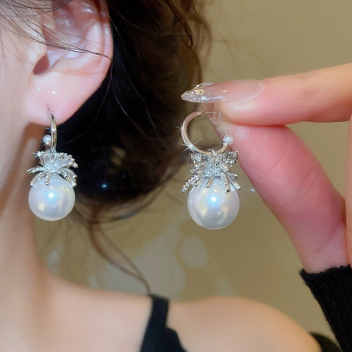 Light Luxury C-Shaped Faux Pearl Zircon Stud Earrings With Silver Posts For Women