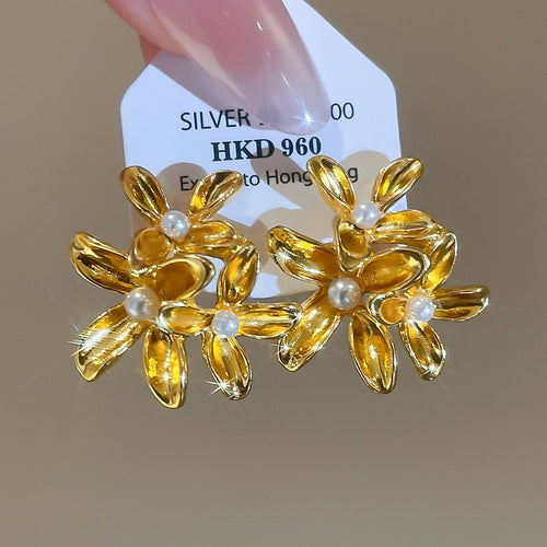 French Vintage Floral Faux Pearl Stud Earrings Elegant Light Luxury OL Style