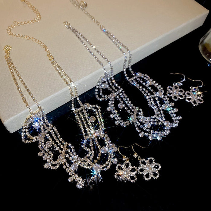 Old Money Copper Rhinestone Flower Necklace Earrings Jewelry Set For Women Court Luxury Style