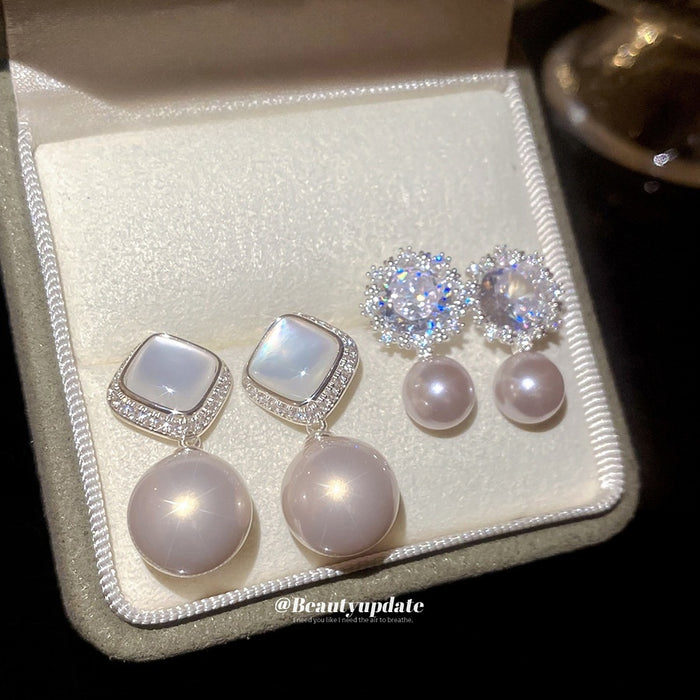Vintage Flower Zircon Faux Pearl Stud Earrings Elegant Light Luxury Fashion Jewelry For Women