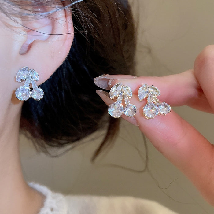 Light Luxury Copper Zircon Cherry Pendant Drop Earrings Elegant Minimalist Fruit Stud Earrings