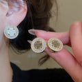 Gold Plated Copper Zircon Round Stud Earrings With Silver Posts French Vintage Light Luxury Style view 1