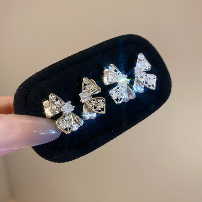 Copper Zircon Bow Stud Earrings With Silver Pins Elegant Light Luxury Women's Jewelry