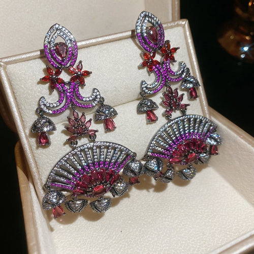 Vintage Copper Zircon Fan Drop Stud Earrings Luxury Statement Water Drop Earrings For Women
