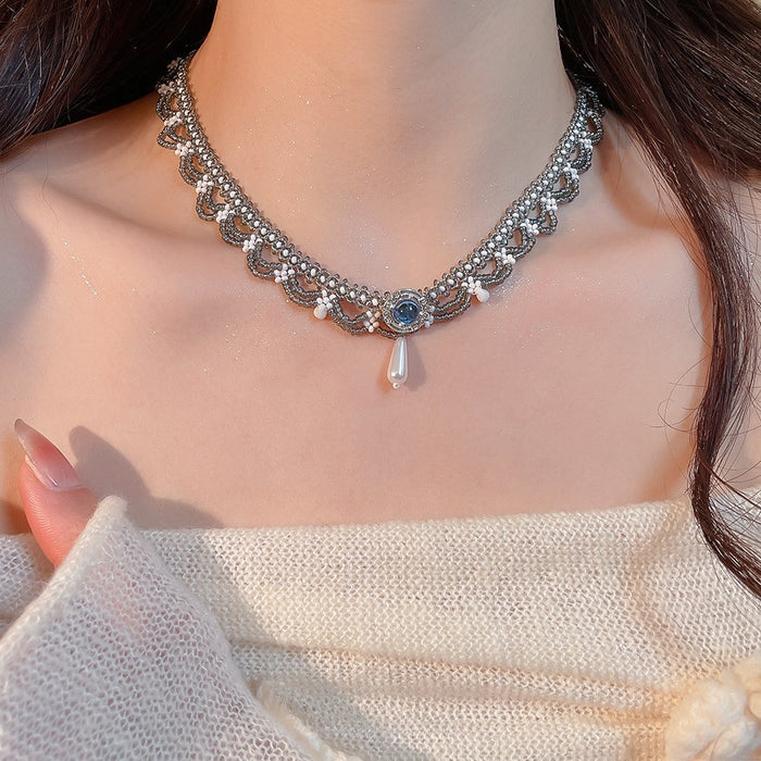 Vintage Chinese Style Teardrop Faux Pearl Lace Choker Necklace For Women