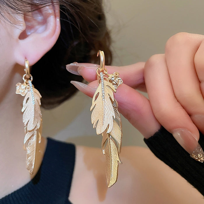 French Vintage Alloy Rhinestone Feather Leaf Drop Earrings, Unique Light Luxury Style
