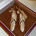 French Vintage Alloy Rhinestone Feather Leaf Drop Earrings, Unique Light Luxury Style view 4