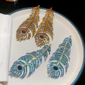 Silver Needle Rhinestone Leaf Feather Stud Earrings For Women Vintage Palace Alloy Jewelry